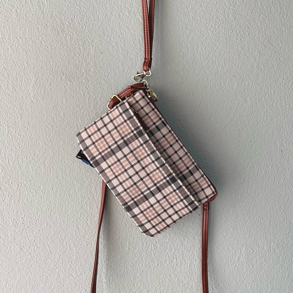 🌱5/$25🌱Mundi | Beige Brown Plaid Faux Leather Convertible Crossbody Bag Wallet